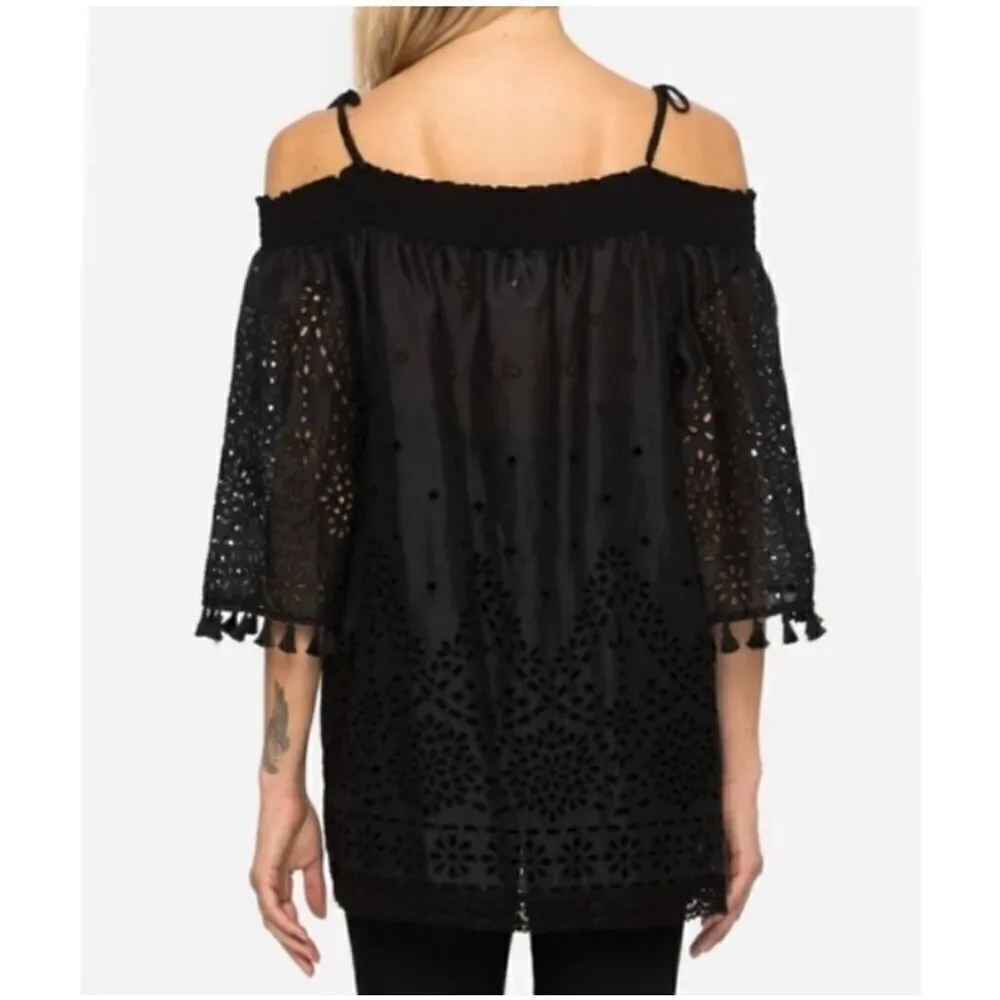 Johnny Was Women’s Hailey Smocked Off the Shoulder Neckline Ramie Blouse Eyelet - Picture 4 of 9